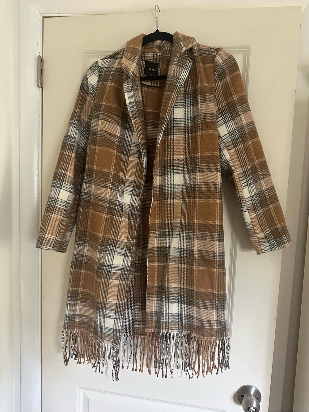 Love Tree Camel Plaid Fringe Open-Front Coat
